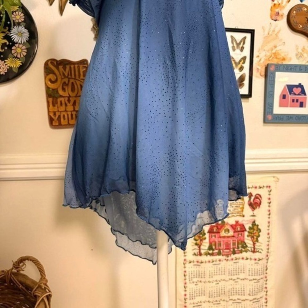 Vintage Y2K Blue Fairy Glitter Babydoll Asymmetrical Ruffle Hem Size 12/14 - Picture 3 of 8